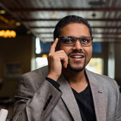 Ajay Aluri, Ph.D., Assistant Professor of Hospitality and Tourism Management at the WVU College of Business & Economics.  Dr Aluri is conducting research on how wearable computing devices, particularly Google Glass, will change the hospitality and tourism industries.  Portrait Photogrpahy by Alex Wilson.